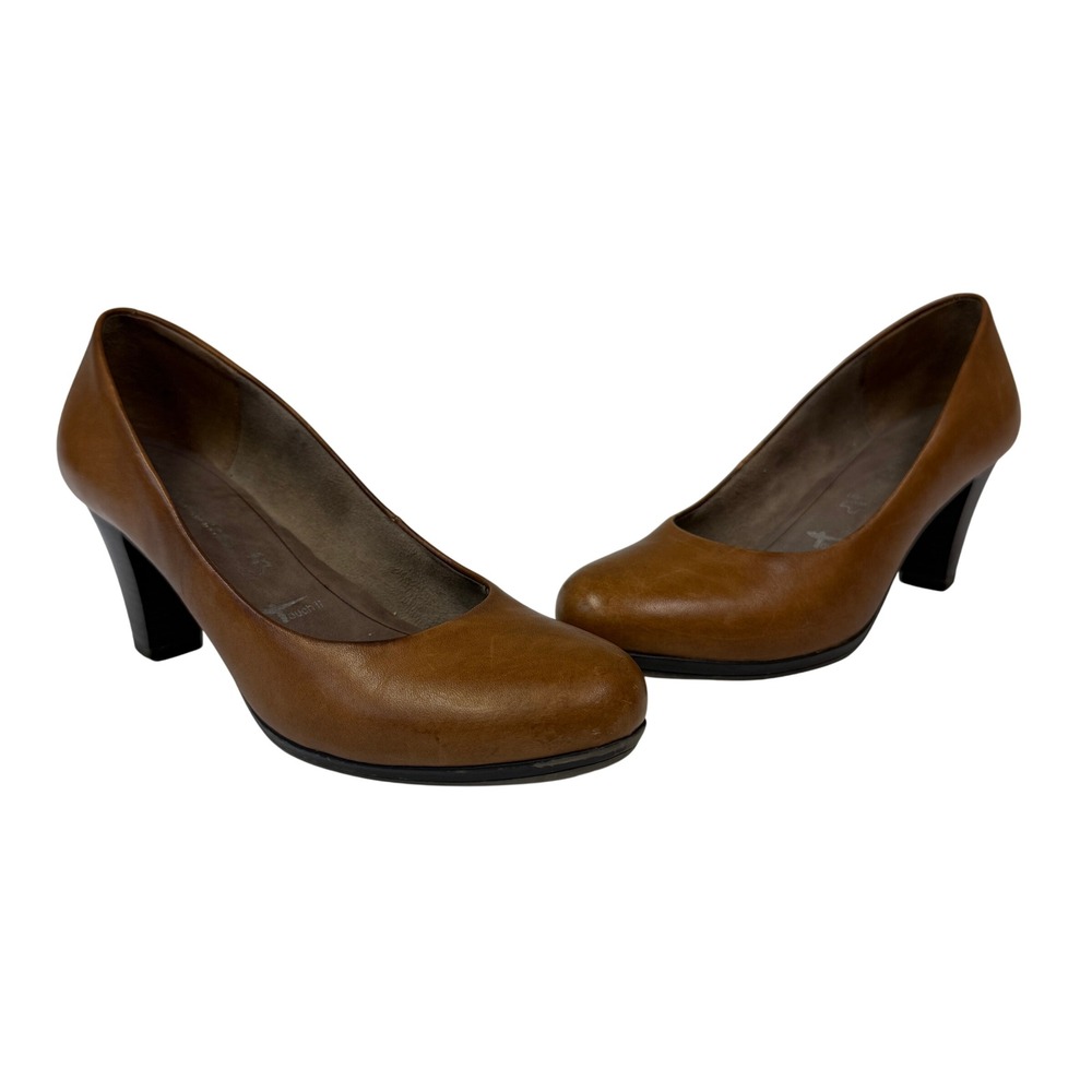 Tamaris Womens Cognac Brown Leather Round Toe Pumps Size 39 Heels Anti-Shock